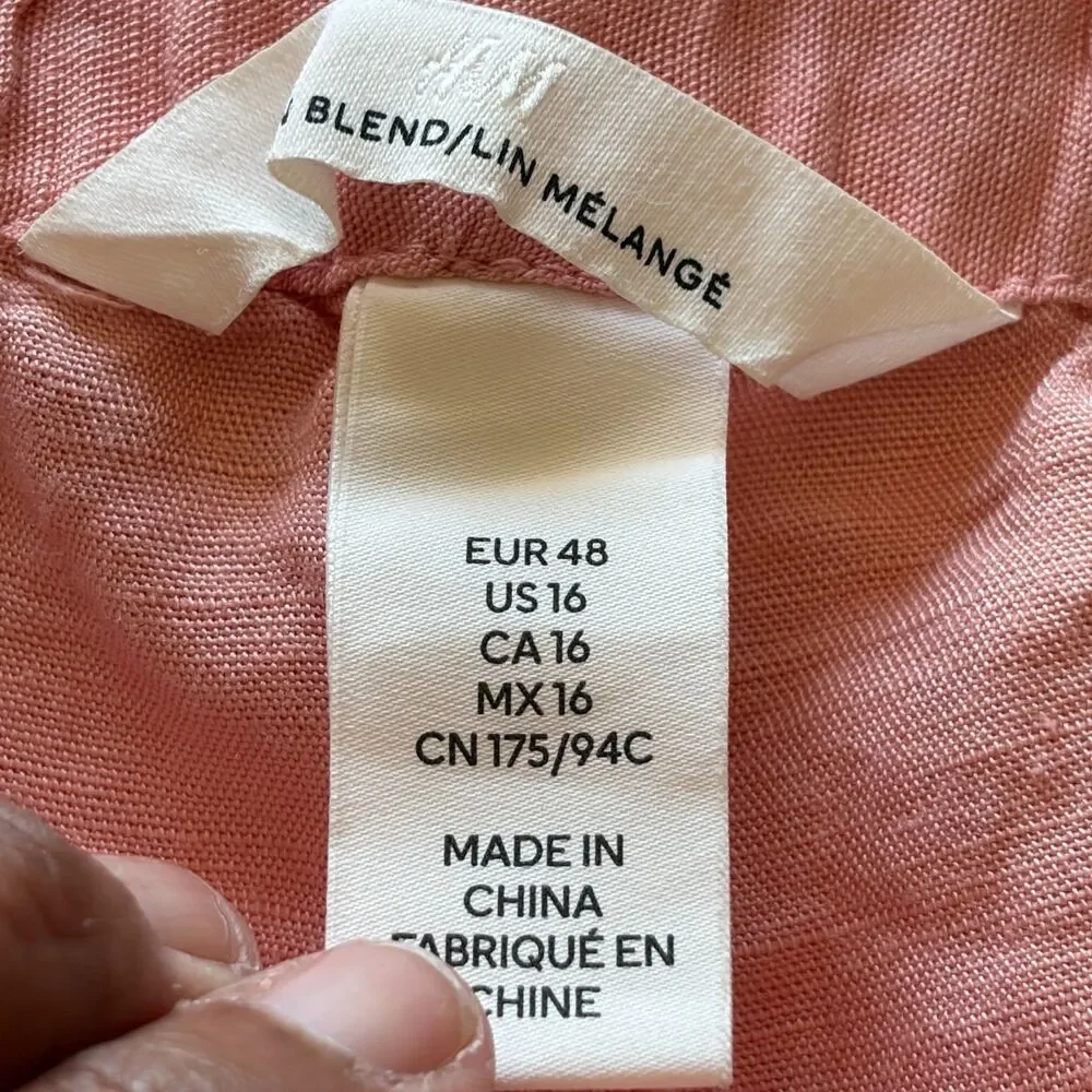 H&M Linen Blend Pink Wide Leg Coastal Preppy Vacation Ready Pants Size Plus 16